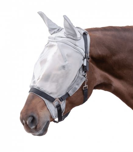 Maska Premium s ochranou uší připevnitelná k ohlávce s UV stříbrná